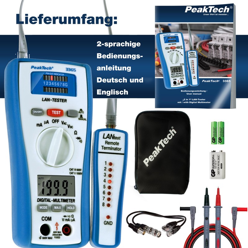 PeakTech 3365 – LAN Tester & Digital Multimeter, Netzwerkprüfgerät, Spannungsprüfer,