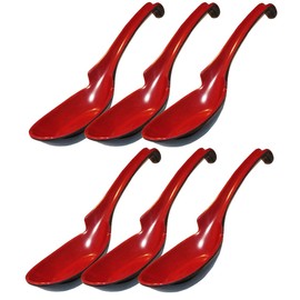 Happy Sales Melamine Soba, Rice Spoons, Chinese Won Ton Soup Spoon, Asian Red and Black, 6 Pack Notch & Hook Style