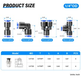TAILONZ PNEUMATIC 1/4 Inch od Push to Connect Fittings Pneumatic Fittings Kit 12 Spliters+12 Elbows+12 tee+12 Straight +12 Male Straight NPT Thread (60 PCS)