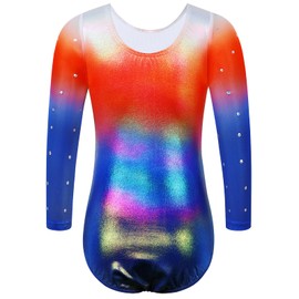 TFJH E - Maillot de gimnasia brillante de una pieza para niñas de manga 3/4, D Naranja Rojo Azul, 7-8 años