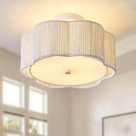 Giutna 13.6" Boho Light Fixtures Flush Mount, 3-Light Rattan White Semi Flush Mount Ceiling Light, 6 Petals Flower-Shaped Rattan Bedroom Light Fixtures for Hallway Kitchen Dining Room(White)