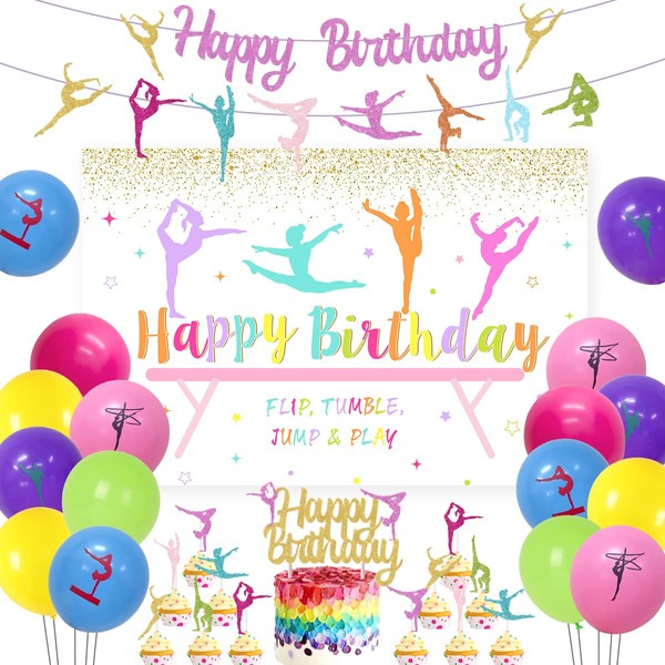 Decorazioni per feste di compleanno per ginnastica – Decorazione per torte con scritta in inglese Happy Birthday, decorazione per torte, palloncini da ginnastica e ghirlande per cupcake compleanno