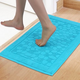 HMETOL Reversible Cotton Washable Mats Spa Style Bathroom Floor Rugs Thick Soft Water Absorbent Quick Dry Lightweight Shower Tub 18" x 30" Blue