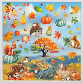 84 Pcs Fall Window Clings, Hianjoo 9 Sheets Autumn Harvest Pumpkin Window Stickers with Double-sided Cute Squirrel, Rabbit, Deer, Hedgehog Thanksgiving Home Decor for Classroom Office Party Supply