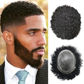 Right Hair Afro Toupee For Black Men Kinky Curly Human Hair Units For Black Men PU Injection Afro Hair Piece African American Men Weave Hair Unit Black Men #1B Off Black 8X10 10mm Wave