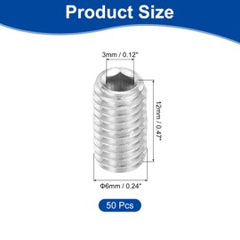 sourcing map Socket Set Screws,50Pcs M6x12mm Metric - 304 Stainless Steel Hex Socket Set Headless Cup Point Grub Screws, for Repairing Compact Instruments, Machinery and Equipment (Silver)
