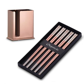 DOCBLACK 6-in-1 Stainless Steel Chopsticks with Utensil Holder, Utensil Drying Rack with 5 Pairs Reusable Chopsticks , Dishwasher Safe, Square Lightweight Non-Slip Chopsticks Set -Rose Gold