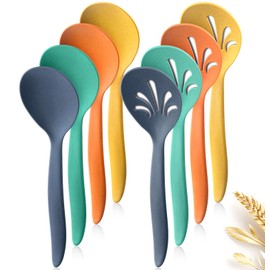 Raypard 8 Pack 10" Large Plastic Wheat Straw Serving Spoons Set, 4 Serving Spoons and 4 Slotted Spoons, Kitchen Mixing Serving Spoons for Party Chafing Dish Buffet Catering (Orange/Blue/Yellow/Green)