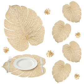 comfoyar Round Gold Palm Leaf Shaped Placemats Set of 6, 12.6x15 Inch Vinyl Metallic Hollow Out Place Mats, Waterproof Wipeable Oil Proof Tropical Table Mats for Kitchen Dining Party Table Decoration