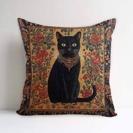 SUNFYCN William Morris Abstract Vintage Black Cat Design Throw Pillow Cover Home Decor, Art Deco Pillowcase Cushion Cover for Bed Sofa Living Room, Square Pillowcase 18x18inch (1, Black-CAT3)