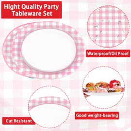 50Pcs Pink Gingham Oval Paper Plates 10" x 12" Large Disposable 400GSM Heavy DutyPink and White Buffalo Checked Plaid Dessert Plates for BBQ Picnic Birthday Summer Dinner Party Supplies Decorations