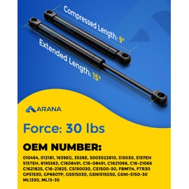 ARANA C16-21066 15 inch Gas Struts Spring Shocks 15" 30 Lb Lift Support for Truck Cap Camper Shell Rear Window Leer Snugtop Topper Canopy Cover Boat Locker Tool Box Lid Replacement Parts, Set of 2