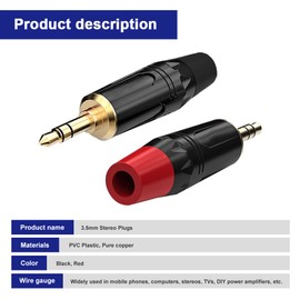 DKARDU 3.5mm Audio Solder Plug, TRS 3-Pole Stereo Headphone Male Plug Repair Replacement Solder Adapter, 1/8" Heavy Duty Jack DIY Audio Cable Connecor, Black & Red (10 Pack)