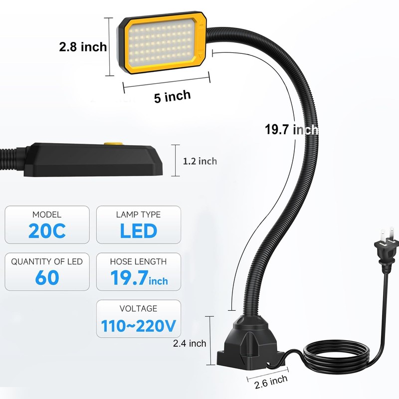 XINYIQI 20" LED Gooseneck Work Light 1500LM, Adjustable Machine Lamp