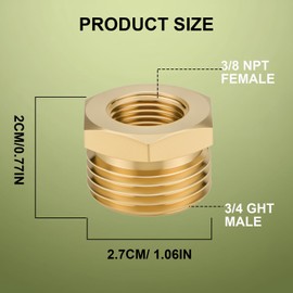 4PCS Garden Hose Fittings 3/8" NPT Female x 3/4" GHT Male Brass Bushing Reducer Water Hose Connector, Heavy Duty Brass Pipe to Garden Hose Adapter for Outdoor Faucet, Irrigation, RV