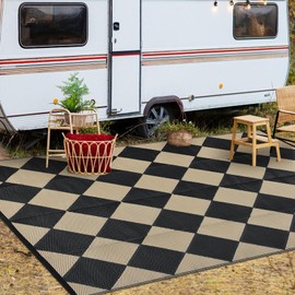 COZYLOOM Outdoor Rug 8x10 Patio Waterproof Plastic Straw Rug Reversible Outdoor Patio Rugs for Camping Backyard Lightweight Foldable Floor Cover for Porch Picnic RV Trip Poolside Beach Checkered Beige