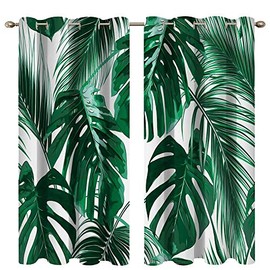 Mimihome Leaf Window Curtain 2 Panels, Tropical Palm Leaves Blackout Curtain for Bedroom Living Room Kitchen Room 52X84 Inches, Green White