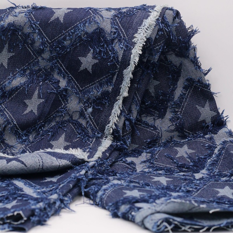 10 oz Star Pattern Denim Jacquard Fabric,Deep Blue,Non-Stretch,Water-Washed with Fringe