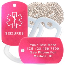Goods For Giving Custom 2 Pack - Seizures Medical Alert ID Necklaces with Pink Hot Custom Tags, White Silencers, and 30'' USA Chains
