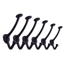 The Metal Magician 6-Pack Cast Iron Wall Mounted Coat Hooks, Vintage Decorative Heavy Duty Black Hooks for Coats, Hats, Purse, Towels, Modern Farmhouse Decorative Hook Set Black