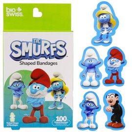 Vendas BioSwiss, vendas autoadhesivas con forma de Los Pitufos, cuidado de heridas estéril sin látex, suministros divertidos para botiquines de primeros auxilios para niños y adultos, caja de 100