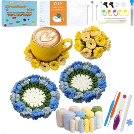 XIANFANG 4 PCS Handmade Coasters in a Plant Pot Crochet Start Kit with Step-by-Step Instructions and Video Tutorials Complete Crochet Kit for Beginners Craft Lover DIY Material Tools