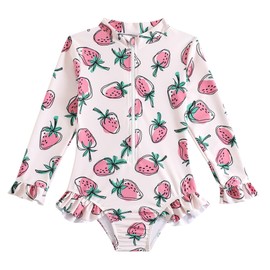 JZyangmei Girls Swimsuit Long Sleeve Bathing Suits for Girls One Piece Rash Guard Ruffle Zipper Cute Swimsuits Strawberry 5t Swimsuit Girl Size 6