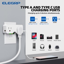 ELEGRP USB Wall Outlet Extender, Multi Plug Outlet Splitter with USB C and USB A Ports (4.2A in Total), Outlet Extender Wall Tap, 2 to 3 Prong, Grounded, 125V, ETL Listed, White, 1 Pack