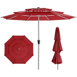 HOMSHADE 9ft Aluminum Patio Umbrella - 3 Tiers Vented Outdoor Commercial Market Table Umbrella, Heavy Duty Wind Proof Deck Pool Umbrellas UPF50+ UV Protection 5-Year Fade Resistant (Red)