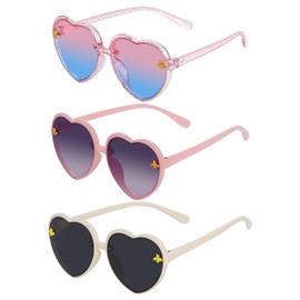 baotongle Pack of 3 Sunglasses Kids Girls Heart Sunglasses Stylish Cute Bee for Toddlers Age 3-10 Party Outdoor, Pink/colour gradient blue, jelly powder/gradient grey, beige/grey