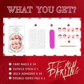 Valentines Day Press On Nails Short Square, Red Heart Fake Nails 24Pcs French Tips Heart Designs, Valentines Day Nail Accessories Decorations, False Nails Stick Glue on Nails Kit