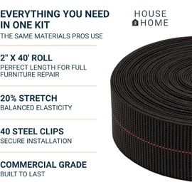 House2Home 2" x 40' Upholstery Webbing Roll with Metal Clips, Elastic Furniture Support Strap for Sofa Chair Cushion Repair, Couch Cushion Support Replacement for Outdoor Furniture Frame Restoration