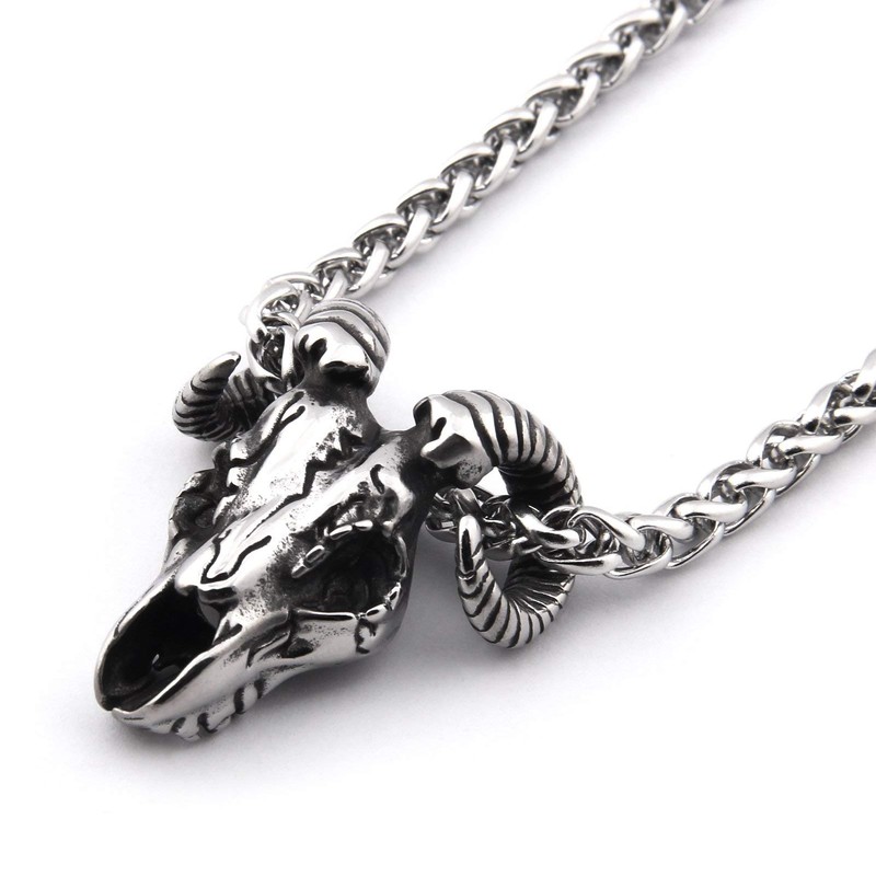 GUNGNEER Stainless Steel Ram Skull Pendant Necklace Cool Satanic Devil