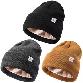 3 Pack Satin Lined Winter Beanie Hats,Silk Lined Beanie Knit Soft Warm Cuffed Hat for Women Men Color 3