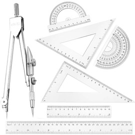YYOUALS 1 Set Plastic Geometry Math Set, Clear Math Set Protractor and Compass Set Includes 2 Square Rulers,1 Compass, 2 Triangle Rulers, 2 Protractors for Students Office School Supplies