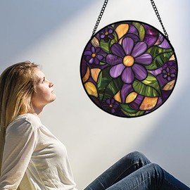 AMDERVEN Stained Glass Window Hanging, Purple Green Flowers Sun Catcher for Door Home Decor Plants Suncatcher Christmas Mother's Day Birthday Gifts for Women Men Mom and Nana 6.3 in