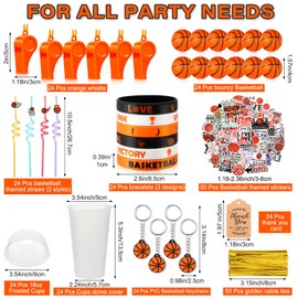 268 Pcs Basketball Football Soccer Birthday Gifts for 24 People Party Favors Sets Goody Cups with Straws Key Chains Whistles Silicone Wristbands Stickers Thank You Tags for Party Supplies (Basketball)