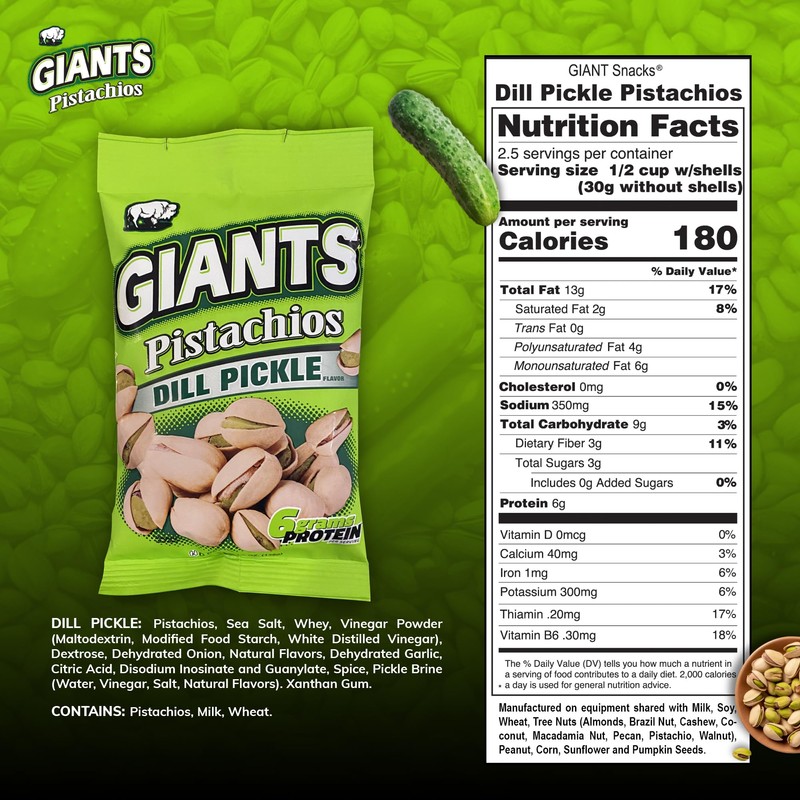 GIANTS Dill Pickle Pistachios - Healthy Snacks, In Shell Pistachios