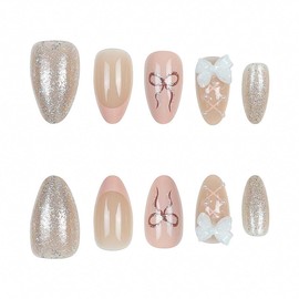 RikView Medium Press on Nails Almond Fake Nails Pink Nails with Bows Glossy Stick on Nails Full Cover Nails for Women 24 PCs/Set