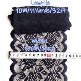 11 Yards Width 6inch Rose Embroidered Lace Ribbon Stretch Lace Trim Fabric for DIY Sewing Crafts Garment Embellishments Burlap Party Table Decorations (Black)