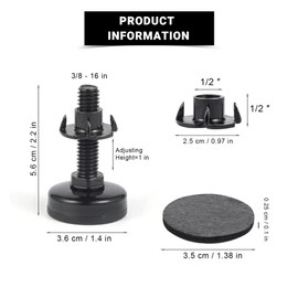 6 Set M16 Adjustable Leveling Feet, Heavy Duty Height Adjuster Furniture Leveler Foot With T Nut, Screw On Cabinet Restaurant Table Chair Self Levelers Leg (1.37" Base Dia & Thread Length, Black)