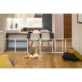 FXW Dog Gate Extra Wide Designed for Indoor Use, Adjustable Width Up to 165-inch Wide (32" H 6 Panels for Puppies and Small Dogs), White