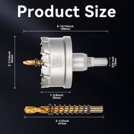 Henvo Hole Saw 2-7/16" (62mm) Heavy Duty Carbide with 2 Pilot Drill Bits - Metal Hole Cutter Cuts Stainless Steel, Iron, Copper, Brass, Plastic