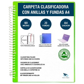 Raylu Paper® – Ring Folder with 90 Micron A4 Clear Sleeves and Envelope with Velcro Closure, Customizable Cover, 100% Biodegradable Sleeve Binder (20 Pockets, Green)