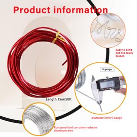 9 Gauge 3mm Red Aluminum Craft Wire,50 Ft/15m Bendable Metal Crafting Wire for Sculpting,Bike Modelling Skeleton Crafting Floral Making Wire,Jewelry Making Wire,Binding Wire Xmas Wreath Wire