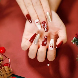 24 Pcs Christmas Press on Nails Long Coffin Fake Nails Matte Acrylic False Nails with Designs Snowflakes Christmas Winter Glue on Nails for Women and Girls