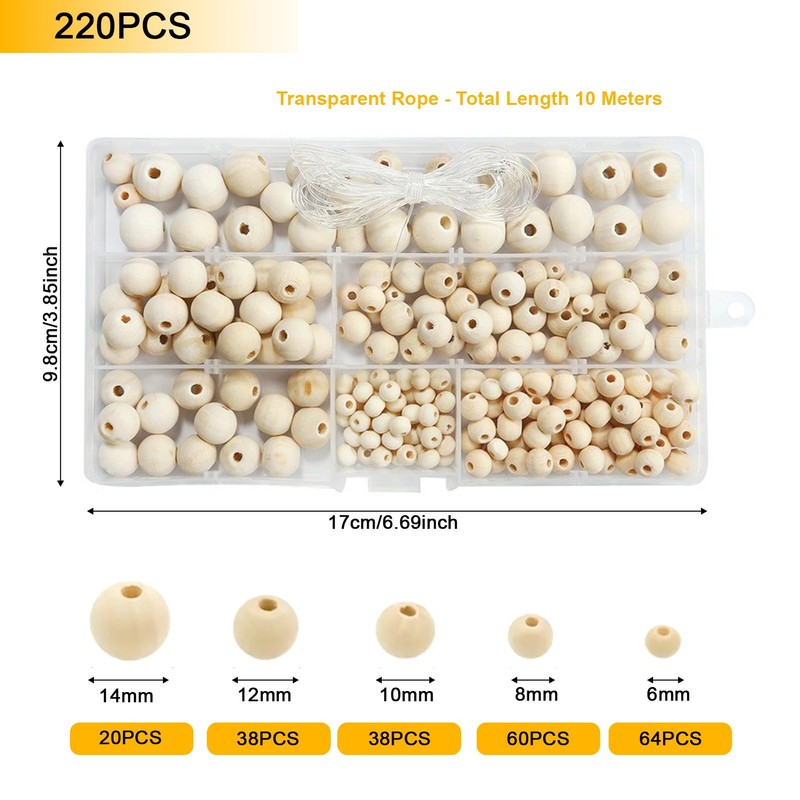 220 Pcs Wooden Beads for Crafting, Round Wood Beads 6-14mm
