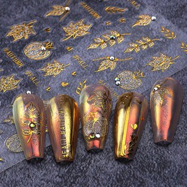 2 Sheets Fall Nail Stickers for Nail Art 5D Embossed Self-Adhesive Maple Leaf Nail Art Stickers Autumn Maple Leaves Pumpkin Nail Decals with Glitter Diamond Thanksgiving Nail Design Sticker for Women