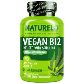 NATURELO Vitamin B12 with Spirulina | 90 Capsules | 3 Months