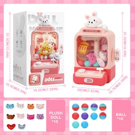 Claw Machine Mini Arcade Machine Toy with 10 Dolls 10 Twist Claw Machine Toys Mini Doll Grabber with Light and Music Interactive Toy Crane Game for Kids Boys and Girls 3+ Pink